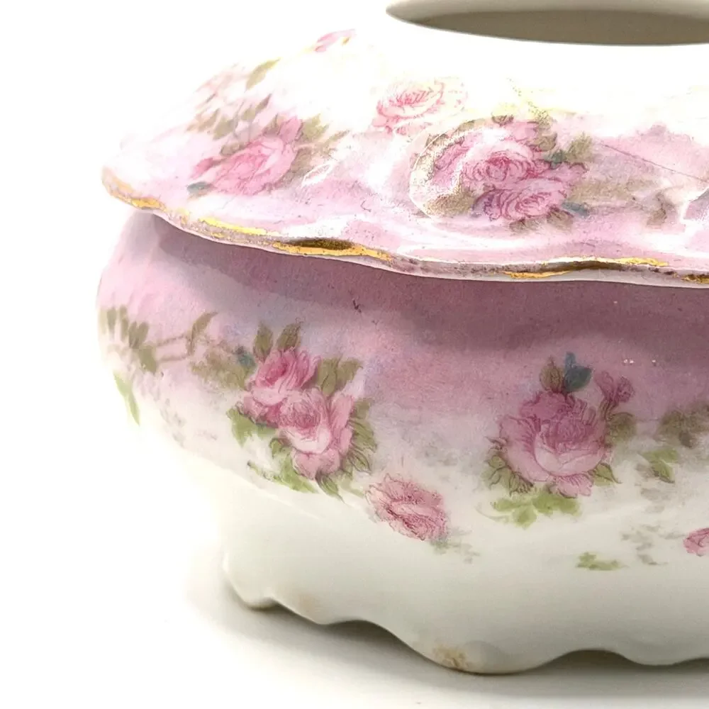 Vintage 1900s Pink White Hand Painted Porcelain Rose Scalloped Hair Receiver